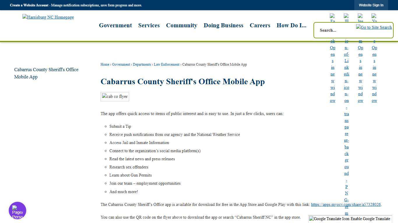 Cabarrus County Sheriff's Office Mobile App Harrisburg, NC